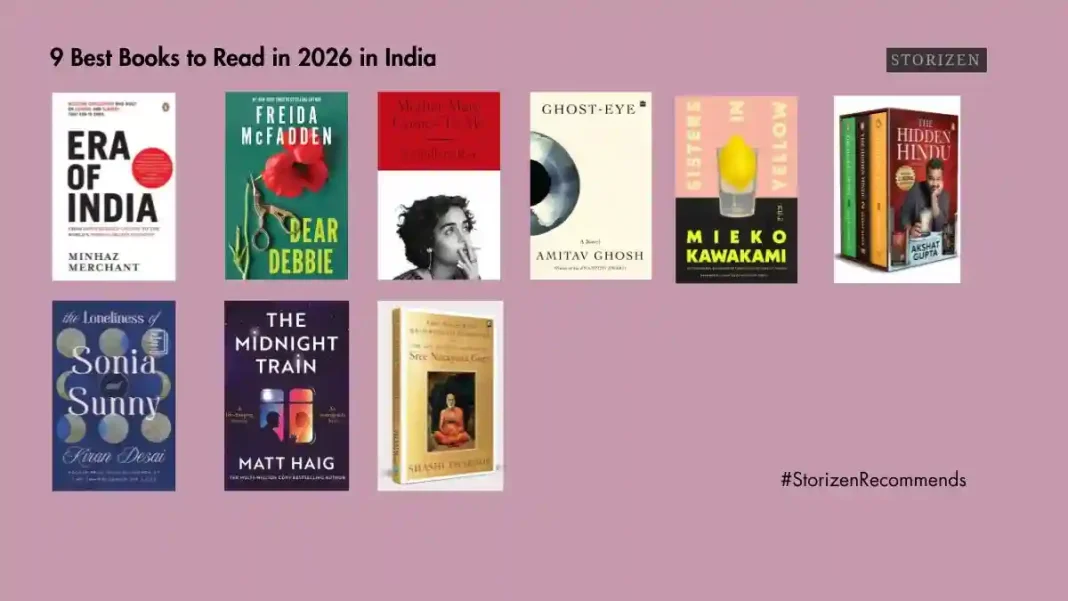 Infographic of the 9 best books to read in 2026 in India featuring Arundhati Roy and Amitav Ghosh
